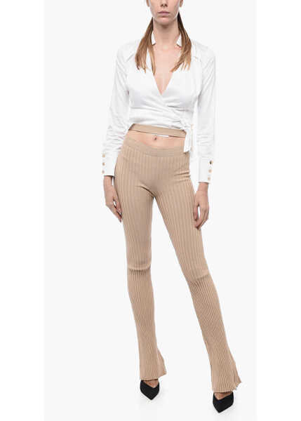 Pantaloni casual ANDREADAMO Ribbed Flared Pants With Cut Out Detail Beige Femei (BM 15327511) 4