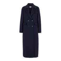 Paltoane Long Blue Double-Breasted Coat With Ribbed Revers In Wool Woman Femei
