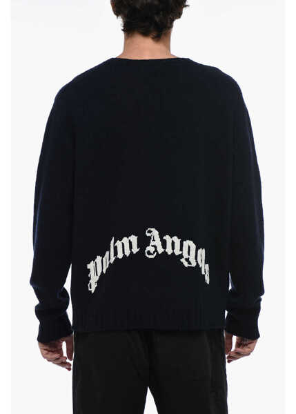 Pulovere Palm Angels Wool-Blended Sweater With Embroidered Logo Blue Barbati (BM 15389515) 2