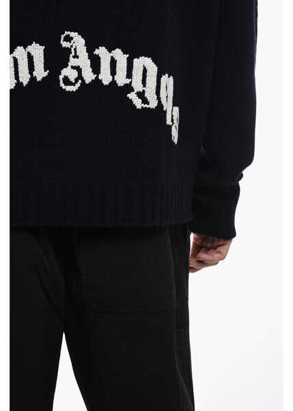 Pulovere Palm Angels Wool-Blended Sweater With Embroidered Logo Blue Barbati (BM 15389515) 3
