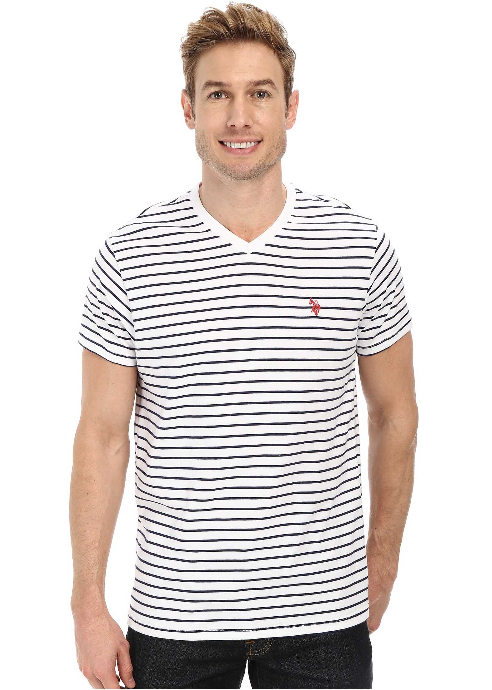 Tricou U.S. POLO ASSN. Thin Stripe V-Neck T-Shirt White
