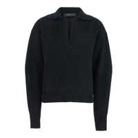 Tricouri Polo Black Polo Shirt With Wide Collar And Dropped Shoulders In Wool And Cashmere Blend Woman Femei