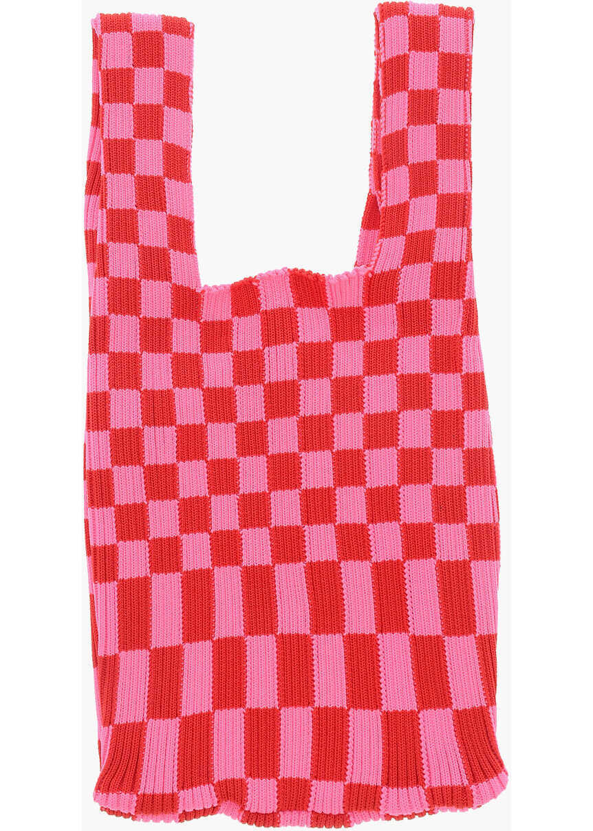 Genti de mana LAST FRAME Checked Knitted Tote Bag With Faux Leather Shoulder Strap Pink Femei (BM 15484435) 2