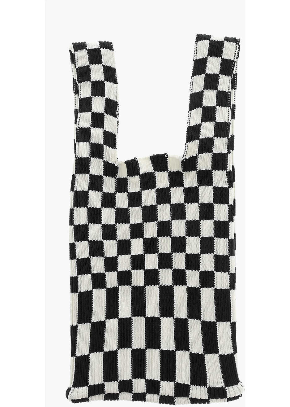 Genti de mana LAST FRAME Checked Knitted Tote Bag With Faux Leather Shoulder Strap Black & White Femei (BM 15504436) 2