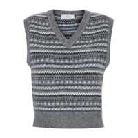 Topuri Grey Sleeveless Vest With V Neck And All-Over Striped Motif In Wool Blend Woman Femei