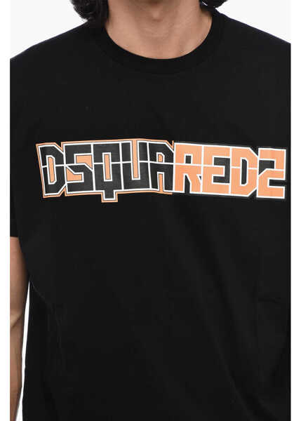 Tricouri DSQUARED2 Solid Color Cigarette Fit Crew-Neck T-Shirt With Printed Log Black Barbati (BM 15767495) 3