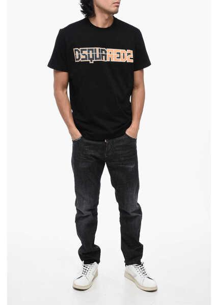 Tricouri DSQUARED2 Solid Color Cigarette Fit Crew-Neck T-Shirt With Printed Log Black Barbati (BM 15767495) 4