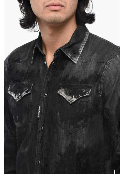 Camasi de blugi DSQUARED2 Flocked Denim Shirt With Double Breast Pocket Black Barbati (BM 15779999) 3