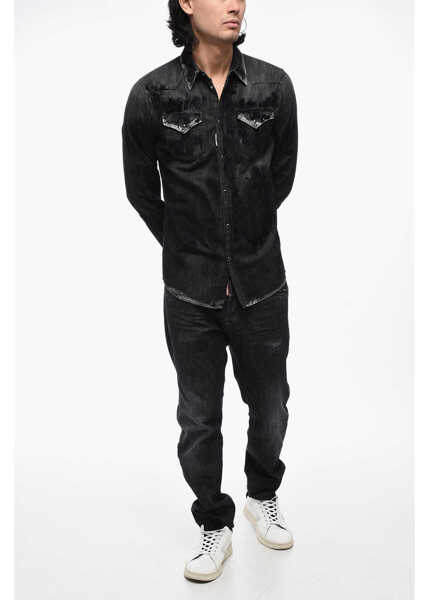 Camasi de blugi DSQUARED2 Flocked Denim Shirt With Double Breast Pocket Black Barbati (BM 15779999) 4