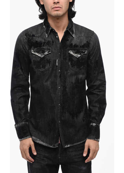 Camasi de blugi DSQUARED2 Flocked Denim Shirt With Double Breast Pocket Black Barbati (BM 15779999) 1