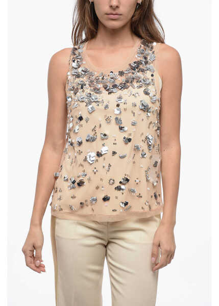 Bluze P.A.R.O.S.H. Mesh Top With Shimmer Effect Application Beige Femei (BM 16184118) 1