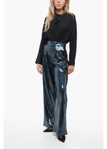 Pantaloni office NEW ARRIVALS All-Over Sequined Wide-Leg Pants With Pleats Blue Femei (BM 16193943) 4