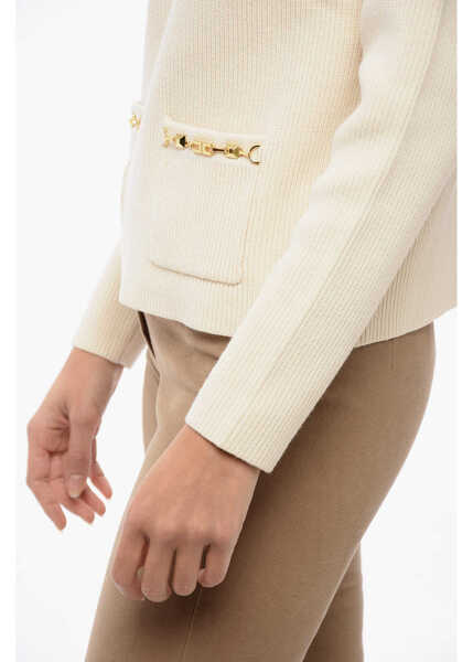 Pulovere Elisabetta Franchi Bootcut Pants With Velour Bow White Femei (BM 16195089) 3