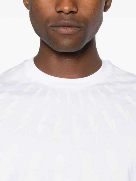 Tricouri Neil Barrett Dropped Shoulder Fairisle Thunderbolt Cotton T-Shirt White Barbati (BM 16210026) 5