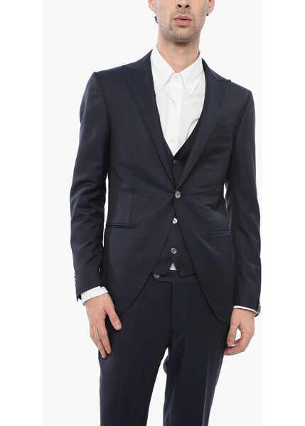 Costume CORNELIANI Virgin Wool And Silk Peak Lapel 3 Piece Waistcoat Suit Blue Barbati (BM 16343757) 2