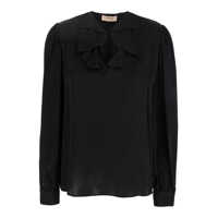 Bluze Black V-Neck Blouse With Ruffles In Acetate Blend Woman Femei