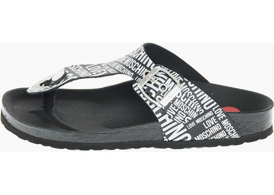 Slapi Moschino Love Moschino All Over Logo Printed Two Tone Birki30 Thong S Black & White Femei (BM 16472499) 2