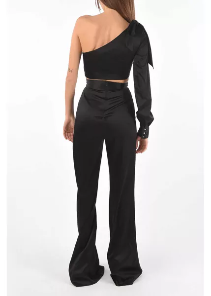 Costume Philipp Plein Couture Silk Boot Cut Pants Suit With One Shoulder Crop Top Black Femei (BM 16479033) 2