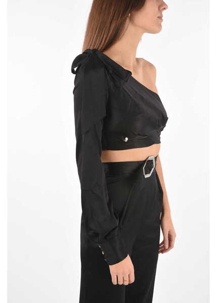 Costume Philipp Plein Couture Silk Boot Cut Pants Suit With One Shoulder Crop Top Black Femei (BM 16479033) 3