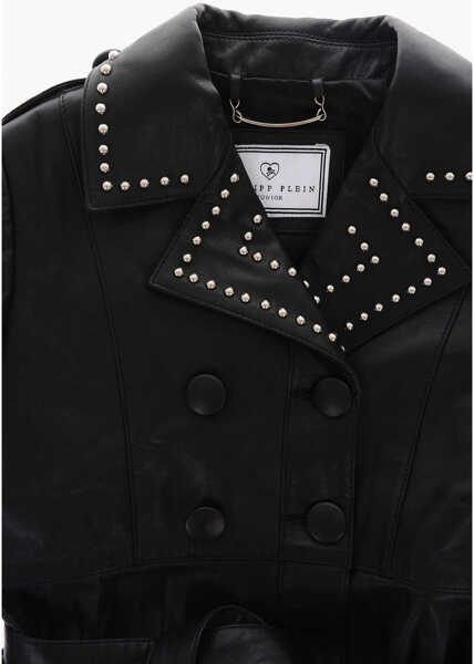 Trenciuri Philipp Plein Est.1978 Studded Leather Double Breasted Overcoat With Lace Black Barbati (BM 16479054) 3