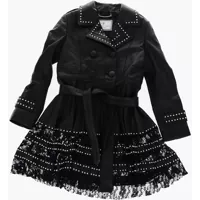 Trenciuri Est.1978 Studded Leather Double Breasted Overcoat With Lace Barbati