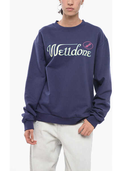 Pulovere casual WE11DONE Solid Color Unisex Crew-Neck Sweatshirt With Printed Logo Blue Barbati (BM 16479762) 2