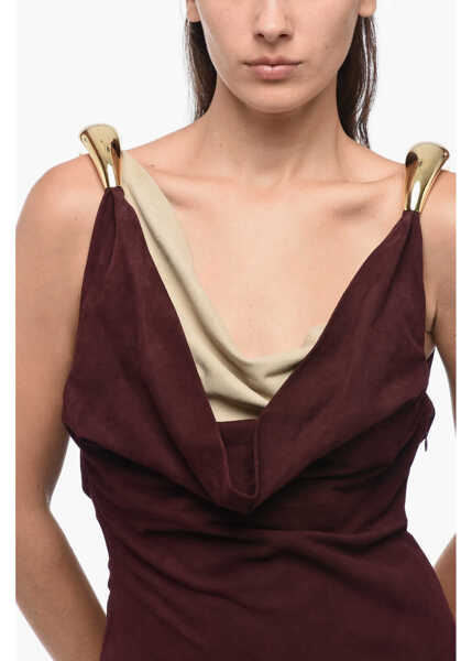 Rochii scurte Bottega Veneta Suede Leather Fluid Dress With Statement Shoulders Straps Burgundy Femei (BM 16488144) 3