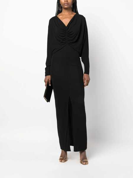 Rochii lungi Saint Laurent V-Neckline Draped Dress Black Femei (BM 16488153) 2