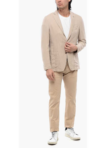 Sacouri CORNELIANI Id Herringbone Linen Blend Blazer With Patch Pockets Beige Barbati (BM 16493349) 4