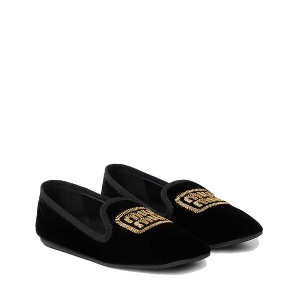 Pantofi fara toc Miu Miu Miu Miu Logo Velvet Flats Black Femei (BM 16505733) 2