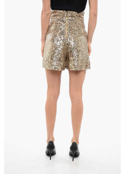 Pantaloni scurti Balmain Double-Pleated High-Waisted Sequined Shorts Gold Femei (BM 16588731) 2