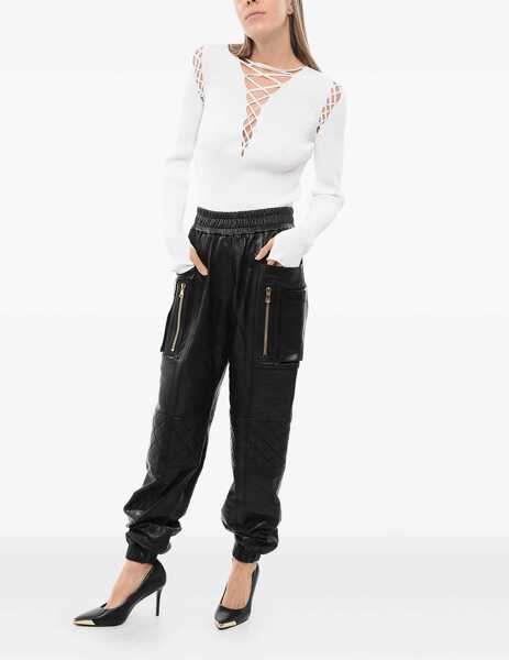 Pantaloni casual Balmain Leather Multipocket Pants With Quilted Detail Black Femei (BM 16588944) 2