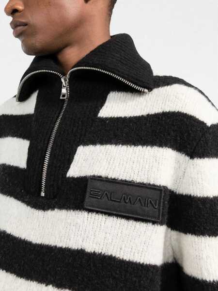 Pulovere Balmain Mock Neck Awning Striped Sweater With Half Zip Black & White Barbati (BM 16588965) 5