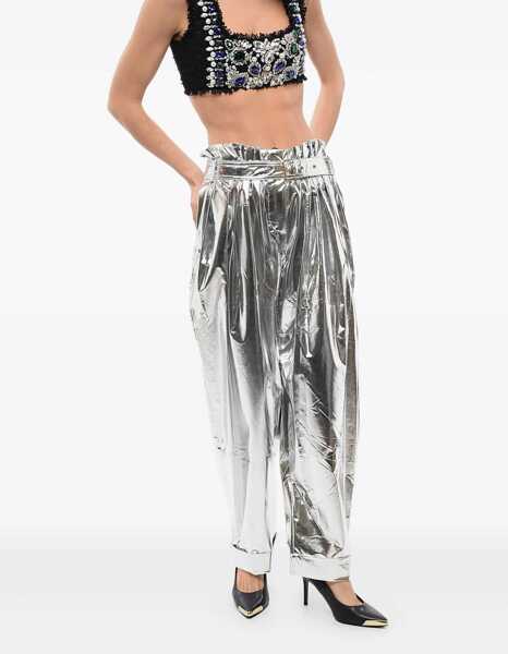 Pantaloni casual Balmain Pleated High-Waisted Baggy-Fit Pants Metallic Effect Silver Femei (BM 16588974) 2