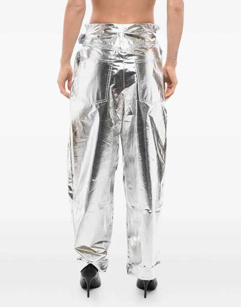 Pantaloni casual Balmain Pleated High-Waisted Baggy-Fit Pants Metallic Effect Silver Femei (BM 16588974) 3