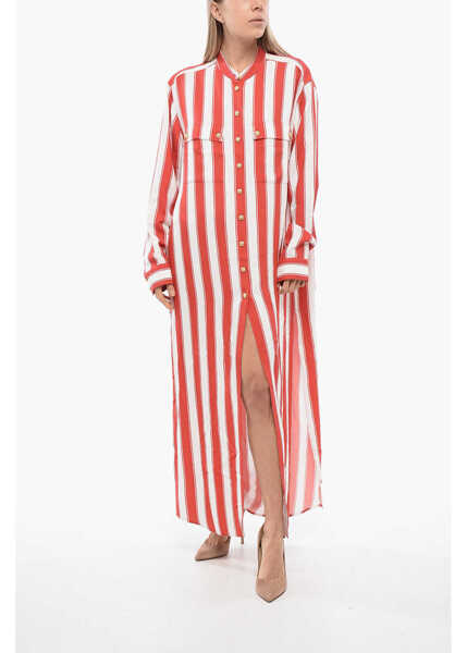Rochii lungi Balmain Striped Shirt Dress With Jewel Buttons Red Femei (BM 16588992) 4
