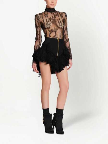Fuste scurte Balmain Lace Ruffled Miniskirt With Back Zip Black Femei (BM 16595964) 3