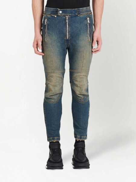 Blugi drepti Balmain Vintage Washed Biker Denims With Elastic Waistband 15Cm Blue Barbati (BM 16596147) 3