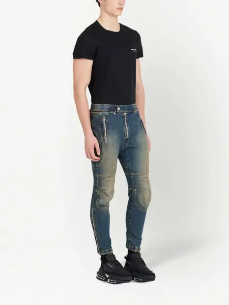 Blugi drepti Balmain Vintage Washed Biker Denims With Elastic Waistband 15Cm Blue Barbati (BM 16596147) 5