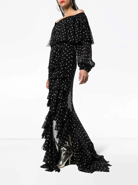 Rochii elegante Balmain Fringed Dotted Off-The-Shoulder Long Dress Black Femei (BM 16596387) 3