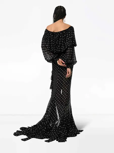 Rochii elegante Balmain Fringed Dotted Off-The-Shoulder Long Dress Black Femei (BM 16596387) 4