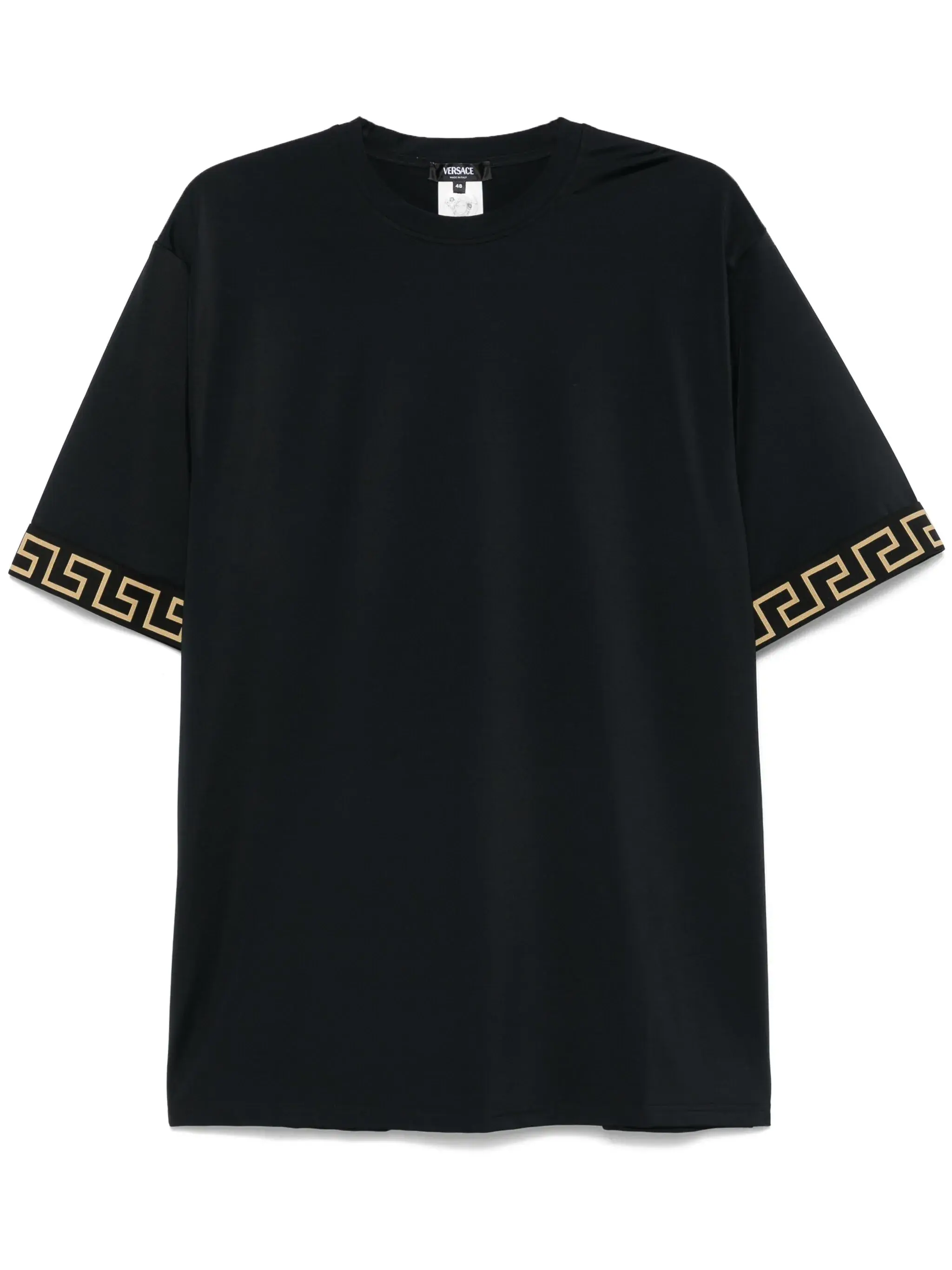 Tricou Versace Black Crewneck T-Shirt With Greca Pattern On The Sleeves In Tech Fabric Man Barbati