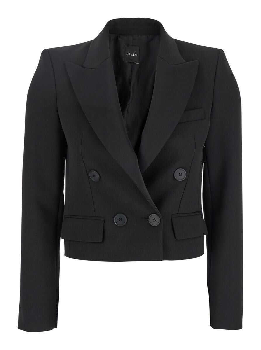 Geci PLAIN Black Double-Breasted Cropped Jacket With Peak Lapels In Satin Woman Black Femei (BM 16688322) 1