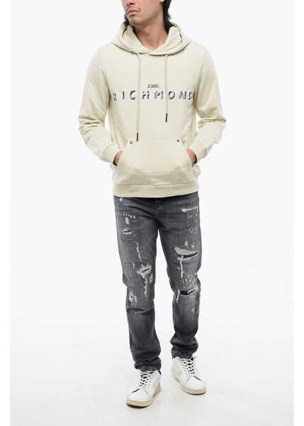 Bluze de trening John Richmond Brushed Cotton Hoodie With Embroidered Logo Beige Barbati (BM 16713219) 4