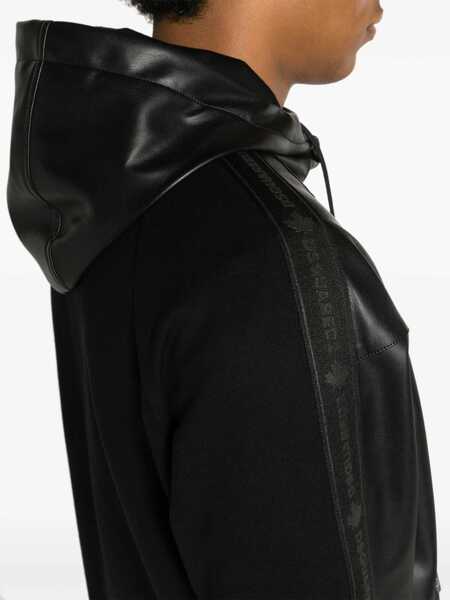 Bluze de trening DSQUARED2 Faux Leather Hooded Sweatshirt With Logo Band Black Barbati (BM 16713468) 5