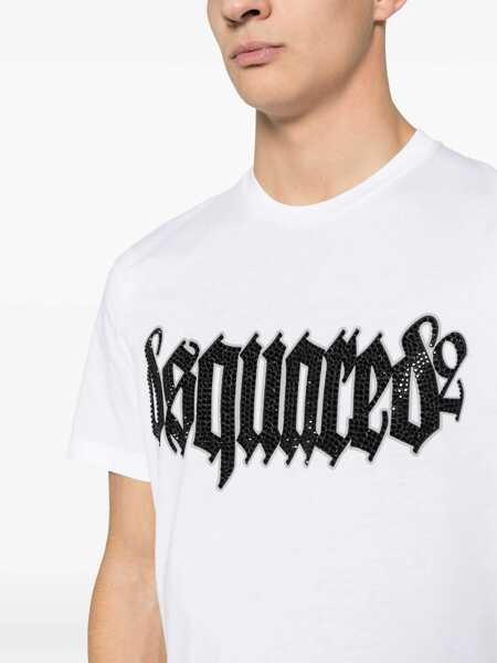 Tricouri DSQUARED2 Cotton D2 Gothic Loose Fit T-Shirt With Rhinestones White Barbati (BM 16714476) 5