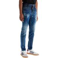Blugi drepti Navy Blue Cotton Jeans With Worn Effect 5 Pockets Barbati
