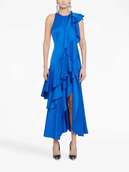 Rochii lungi Alexander McQueen Silk Satin Bare Back Dress With Ruffles Blue Femei (BM 16776510) 2