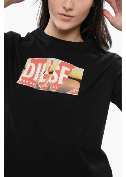 Tricouri Diesel Red Tag Cotton Crew-Neck T-Danny-Poff T-Shirt With Frontal P Black Femei (BM 16796178) 3