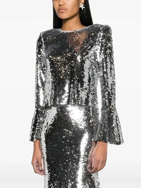 Bluze Self-Portrait Sequined Cropped Top With Bell Sleeves Silver Femei (BM 16796463) 4